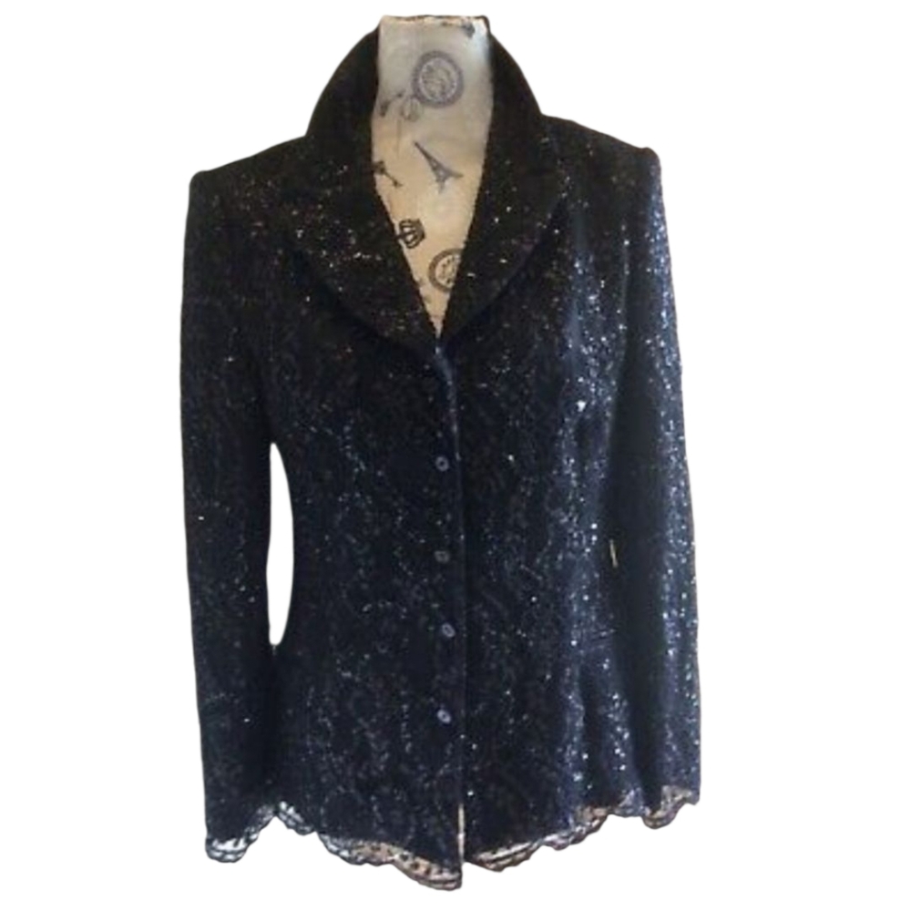 VINTAGE BADGLEY MISCHKA BLACK LACE AND RHINESTONE JACKET SIZE 8